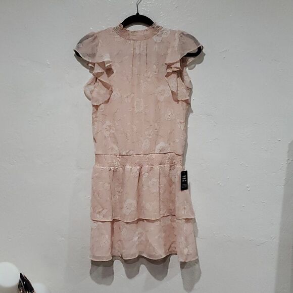 Express Dress in Baby Pink Floral with Mock Neck and Ruffles Size XS - Picture 1 of 13